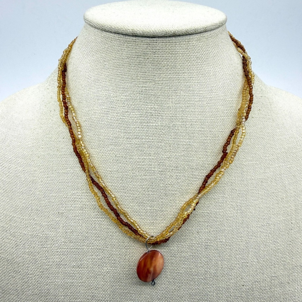 Layered Boho Seed Bead Necklace Earthy Brown Shell Pendant Festival Statement‎